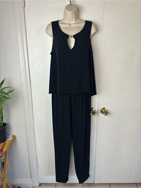 London Times Black Sleeveless Jumpsuit with Gold Accent